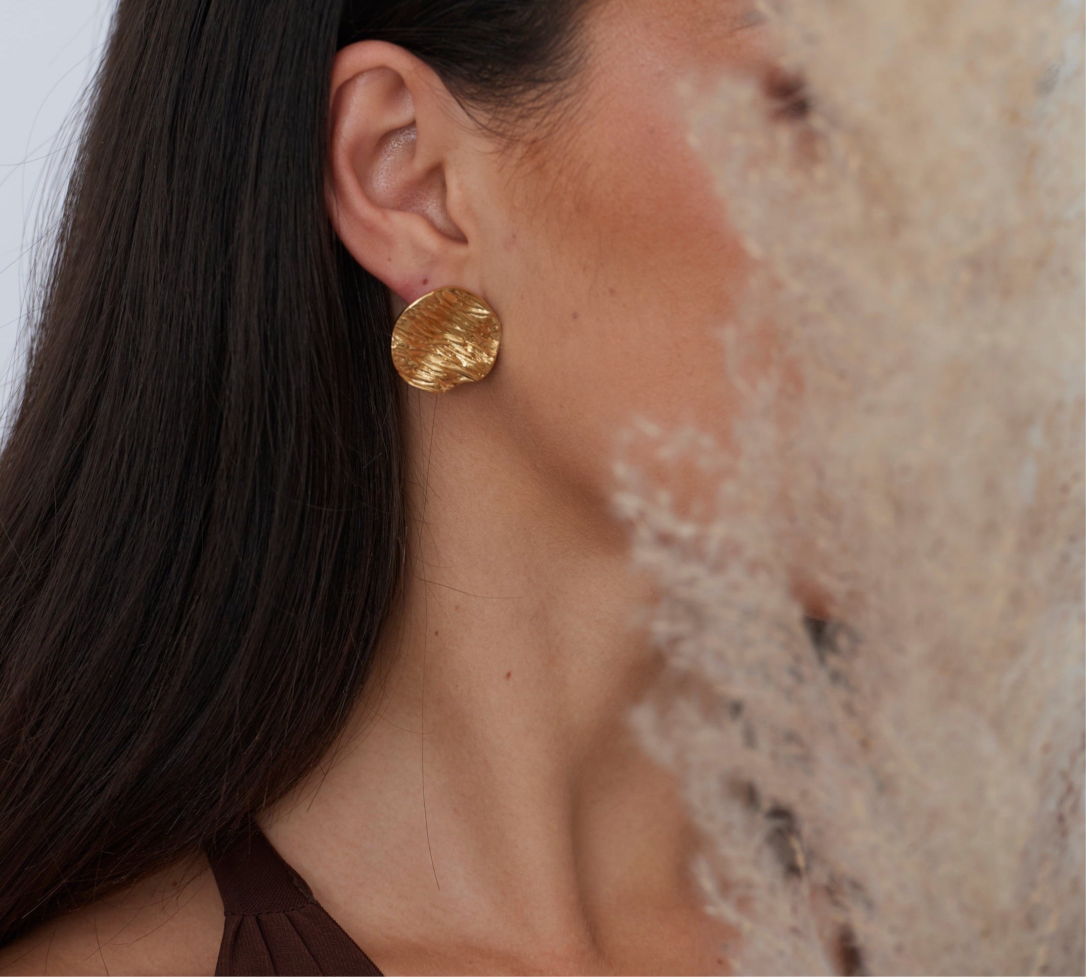 Hana Statement Studs featuring an elegant 18k gold plated design with an imprinted pattern, perfect for everyday wear.