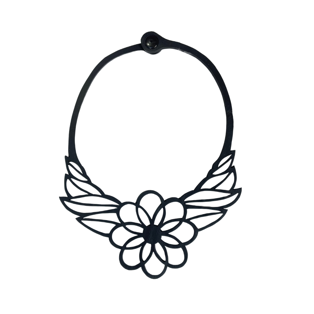 Hanami Beautiful Inner Tube Necklace featuring a single blossom design made from reclaimed rubber, displayed elegantly in a luxury gift box.