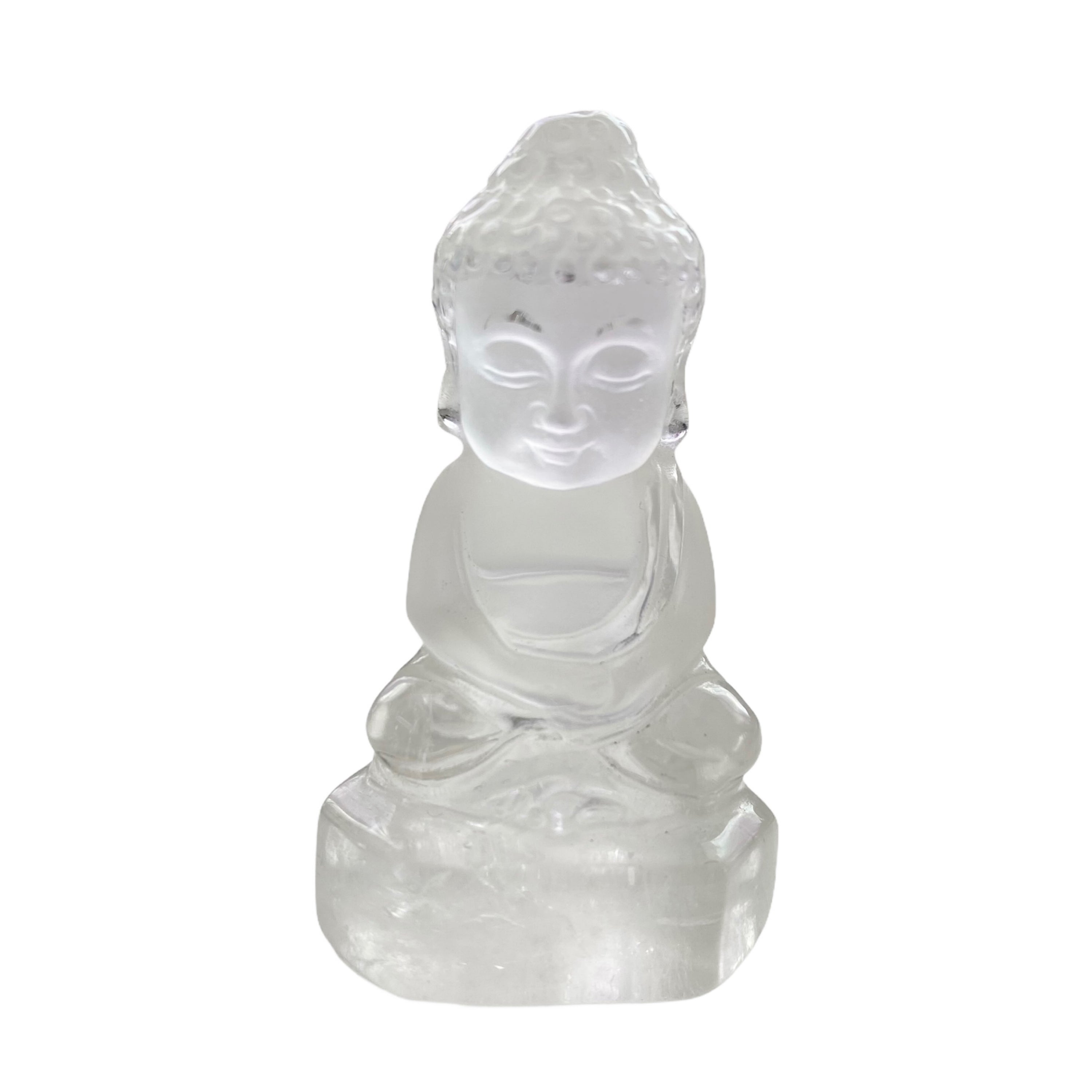 A charming hand carved Baby Buddha statue made of Clear Quartz, measuring 2.5 inches, radiating positive energy.