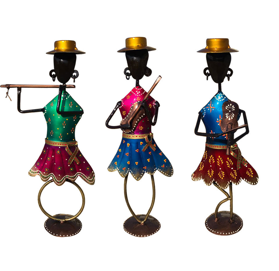 Set of 3 handcrafted musical dancing dolls made from wrought iron, showcasing vibrant colors and intricate details.