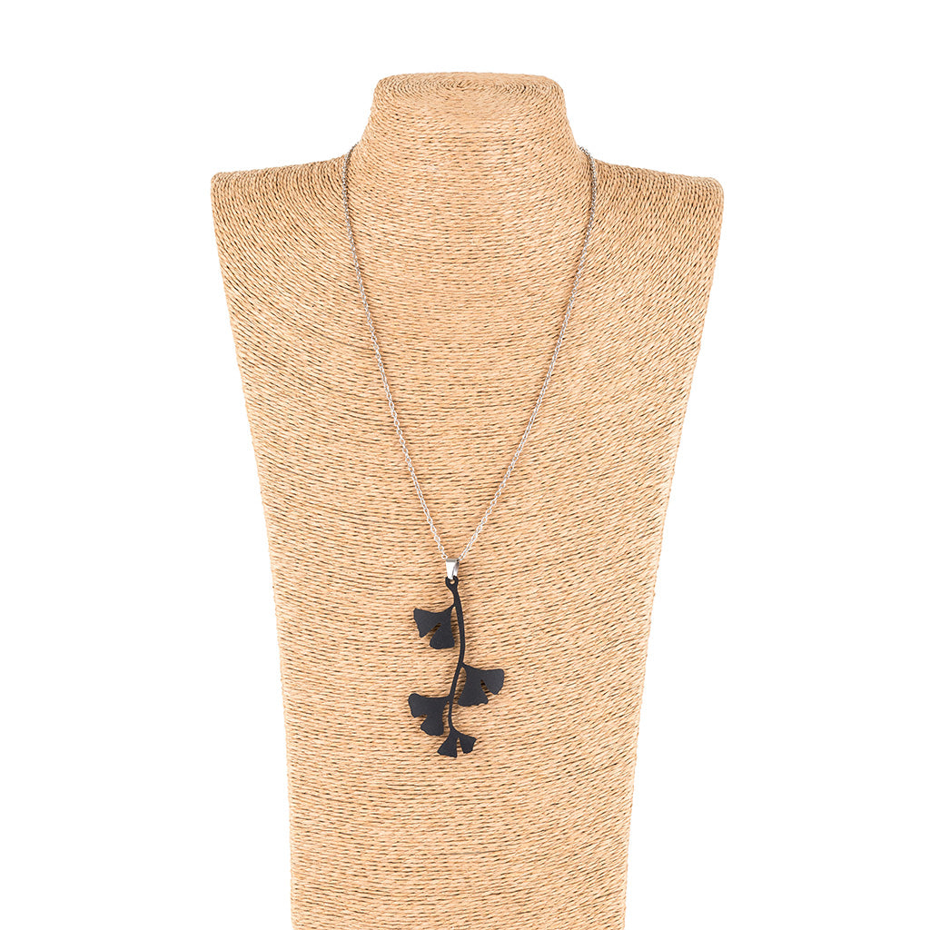 Handmade Ginkgo Leaf Pendant Necklace made from recycled inner tubes, featuring a unique leaf design on a stainless steel chain.