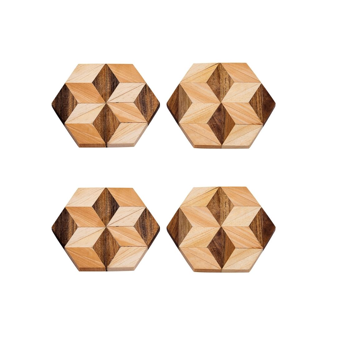 A set of handmade hexagon wooden coasters crafted from reclaimed teak and pine, showcasing unique grain patterns and a polished finish.