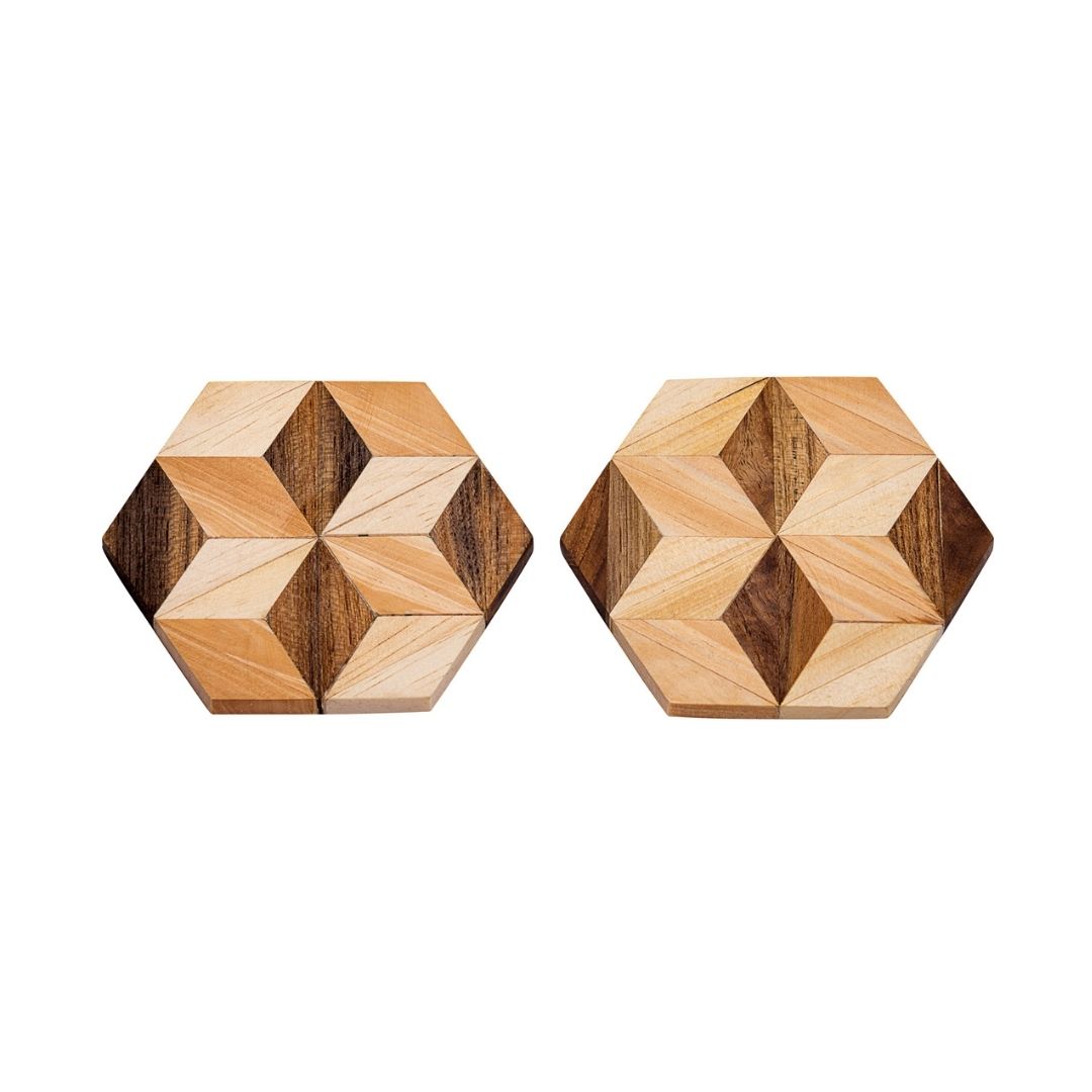 A set of handmade hexagon wooden coasters crafted from reclaimed teak and pine, showcasing unique grain patterns and a polished finish.