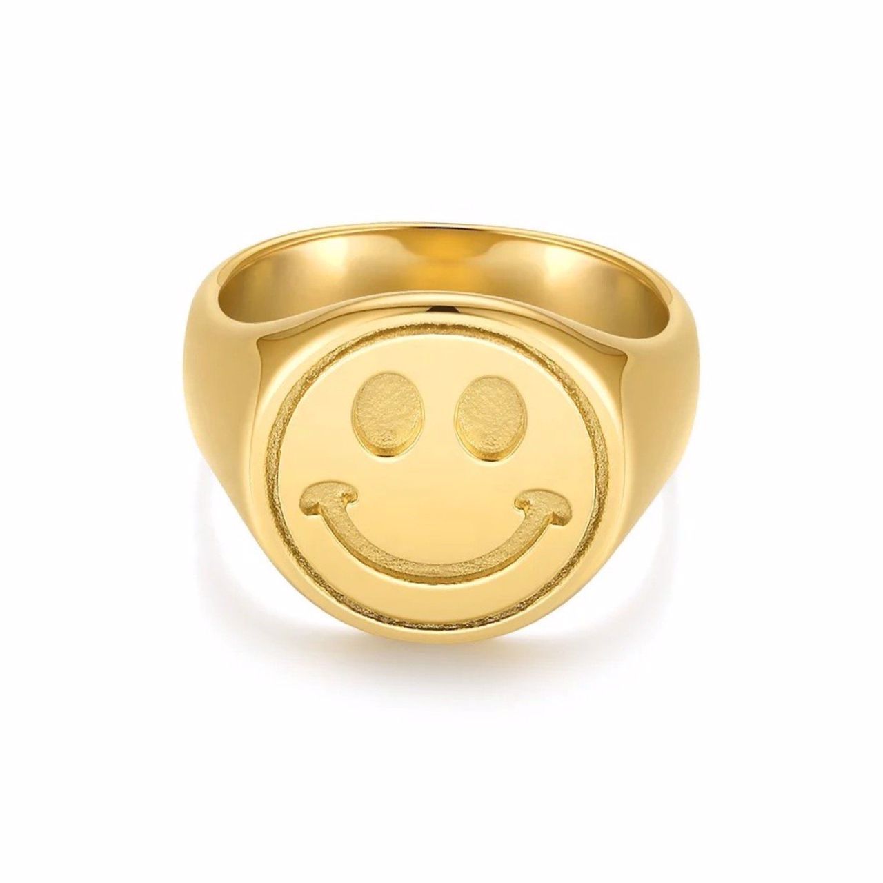 Happy Signet Ring featuring a playful smiley face design in 18 karat gold plating, perfect for adding joy to any outfit.