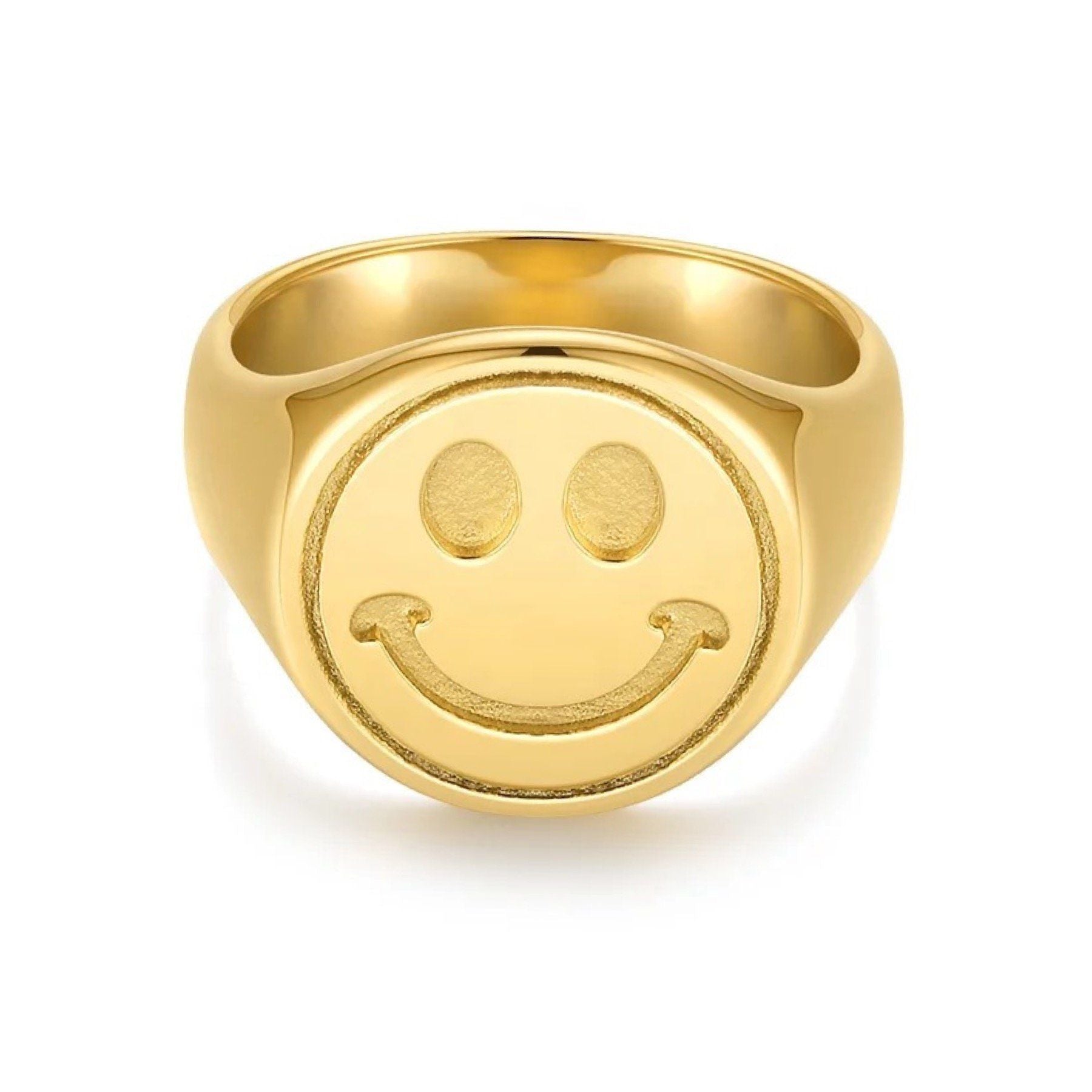 Happy Signet Ring featuring a playful smiley face design in 18 karat gold plating, perfect for adding joy to any outfit.