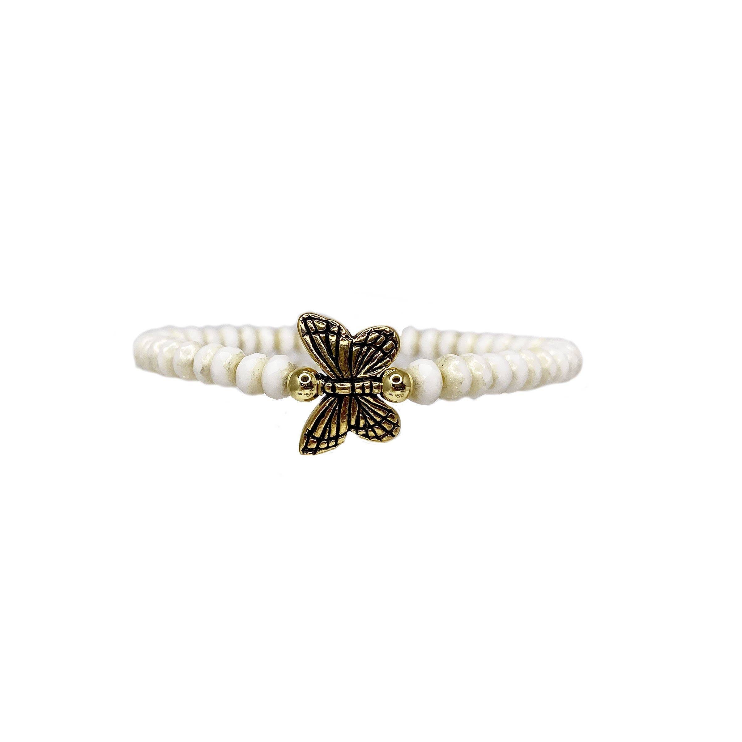 Harper Buttercream Butterfly Bracelet featuring colorful beads and an antiqued bronze butterfly charm, perfect for fall and winter fashion.