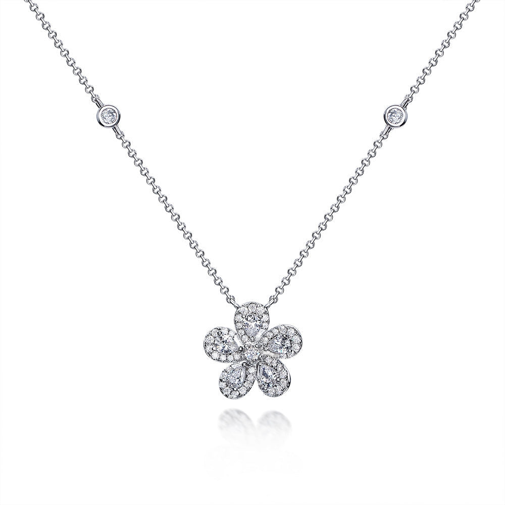 Hawaiian Plumeria Flower necklace made of 925 sterling silver with white gold finish and white sapphire stone, showcasing intricate floral design.