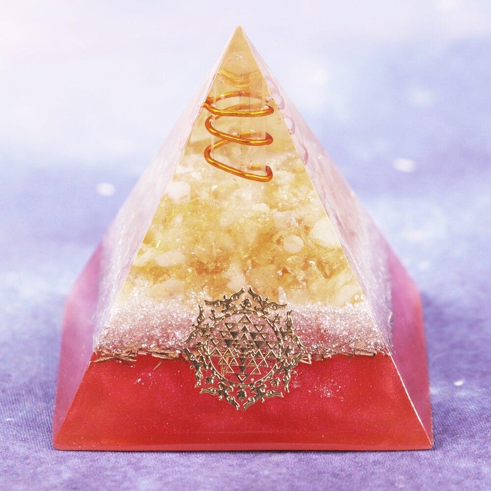 Healing Crystal Orgone Pyramid featuring copper wire, made from natural citrine and resin, designed for EMF protection and meditation.