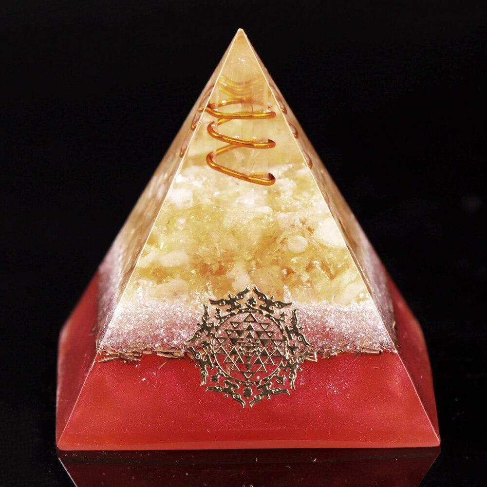 Healing Crystal Orgone Pyramid featuring copper wire, made from natural citrine and resin, designed for EMF protection and meditation.