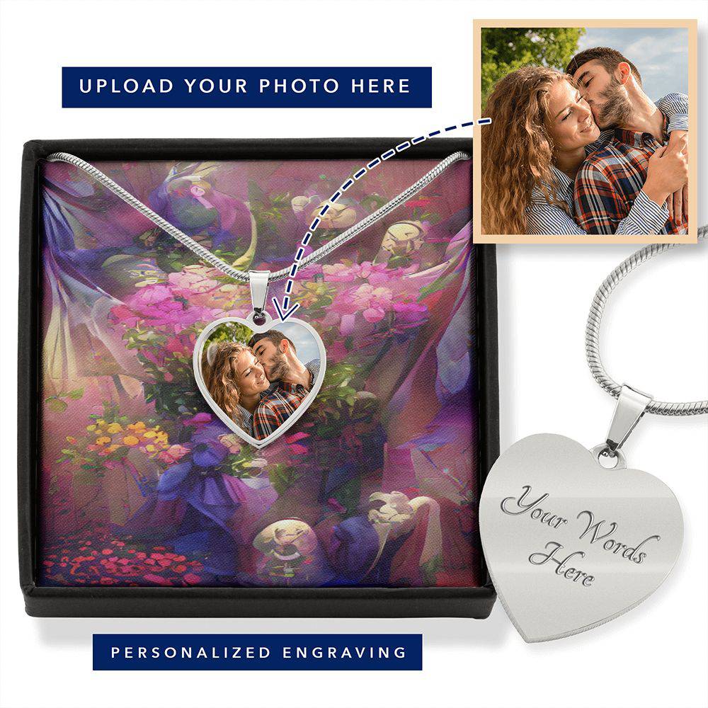 Heart Buyer jewelry featuring a customizable photo pendant and adjustable necklace, crafted from surgical steel with an optional gold finish.