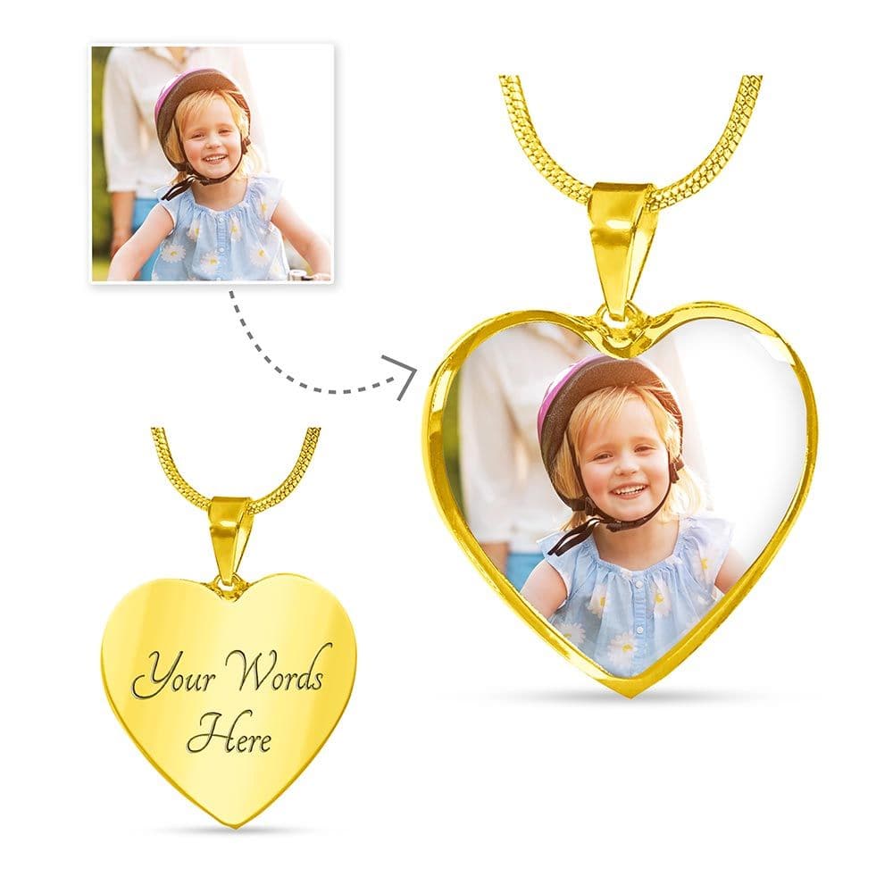 Heart Buyer jewelry featuring a customizable photo pendant and adjustable necklace, crafted from surgical steel with an optional gold finish.