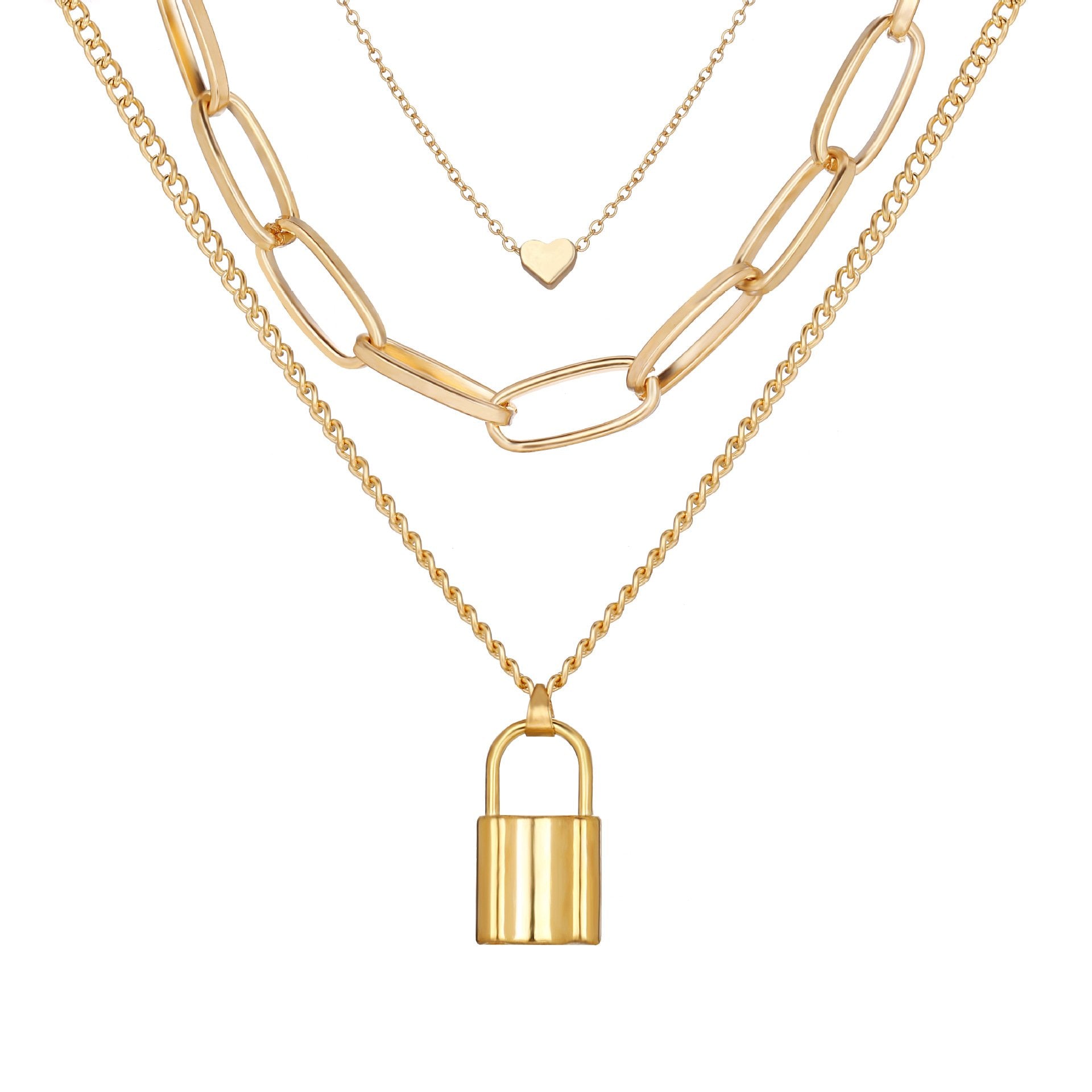 Elegant Heart Chain Lock Necklace in 18K gold plating, featuring a link chain design and lobster clasp closure.