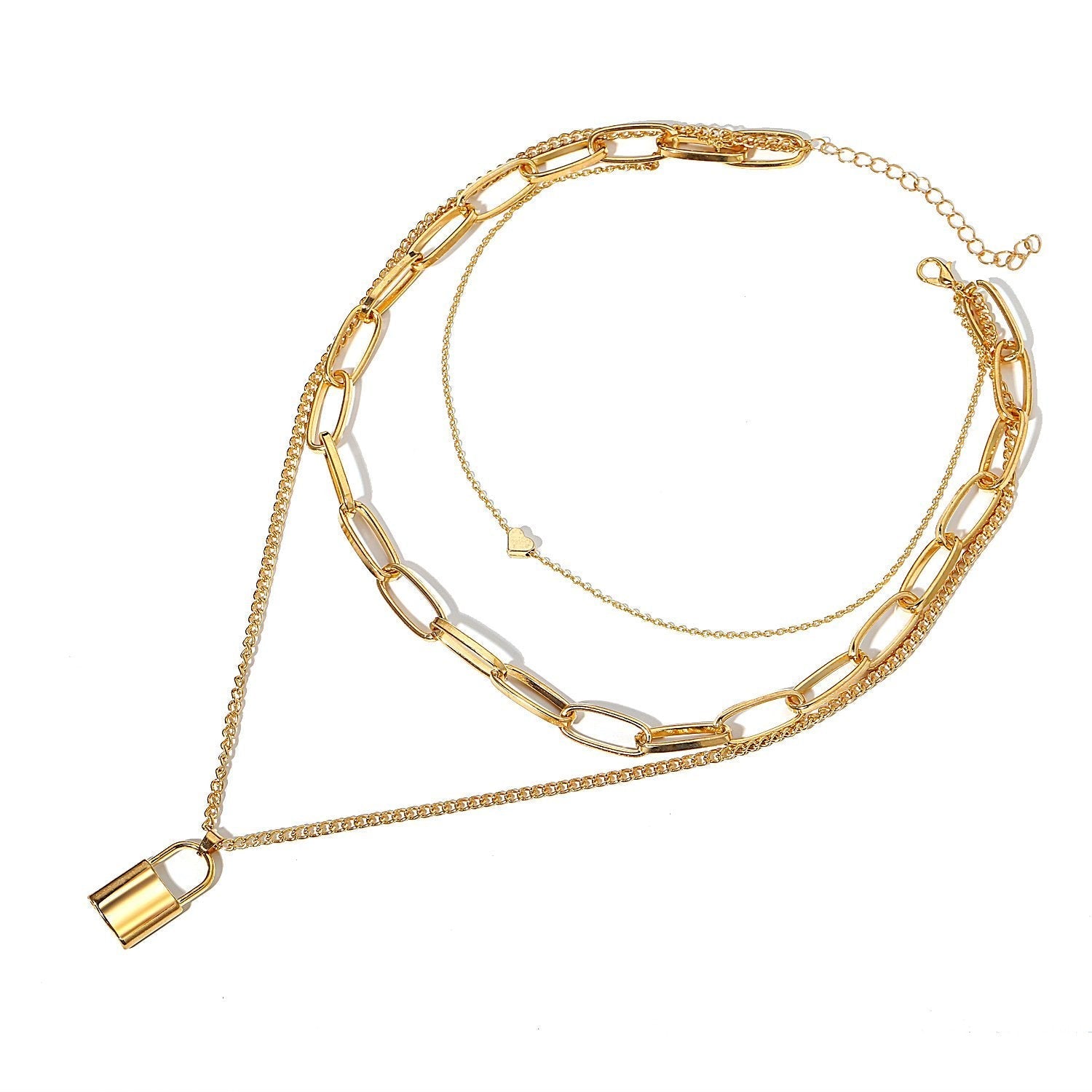 Elegant Heart Chain Lock Necklace in 18K gold plating, featuring a link chain design and lobster clasp closure.