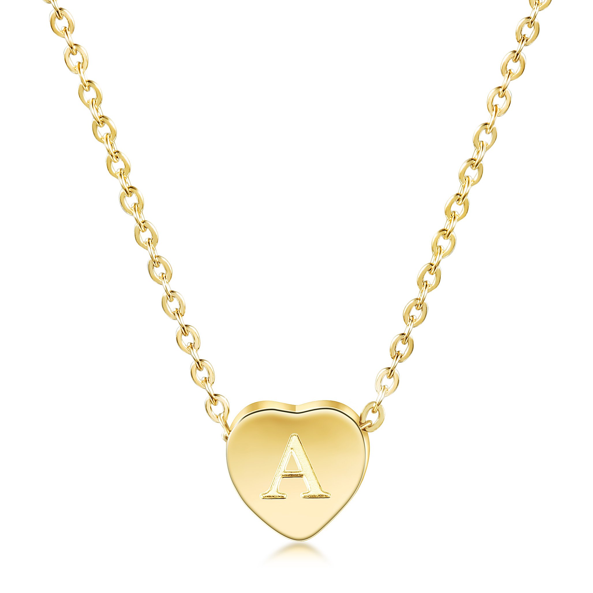 A beautiful Heart Initial Necklace made of 316L surgical stainless steel with 14K gold plating, featuring a customizable initial pendant.