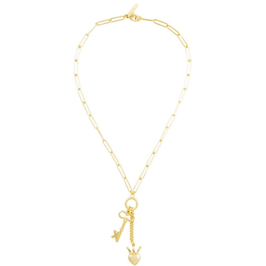 A beautiful Heart Locked Lariat necklace made of 14k gold filled and sterling silver, featuring an elegant heart design.