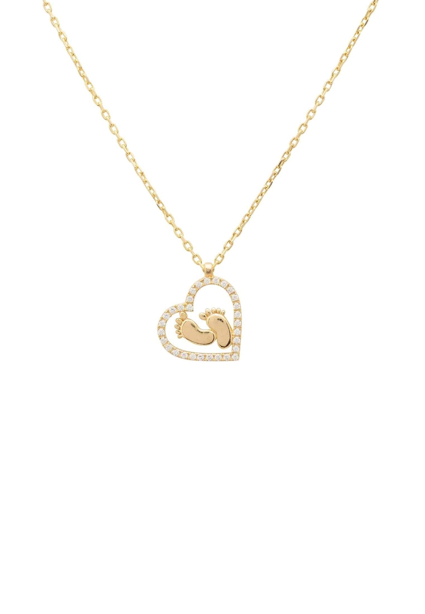 Heart Mum Pendant Necklace in gold, featuring an open heart design with tiny feet and sparkling cubic zirconia.