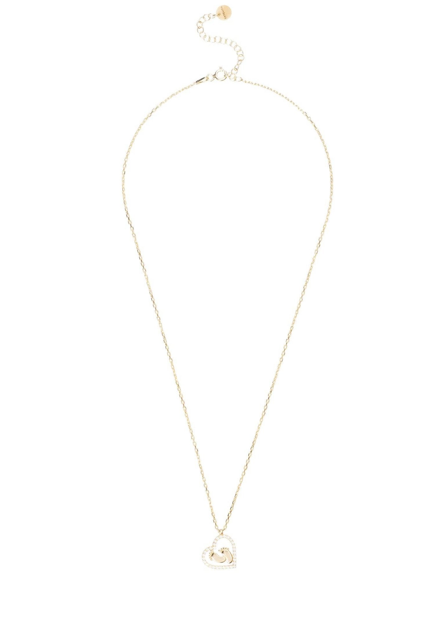 Heart Mum Pendant Necklace in gold, featuring an open heart design with tiny feet and sparkling cubic zirconia.