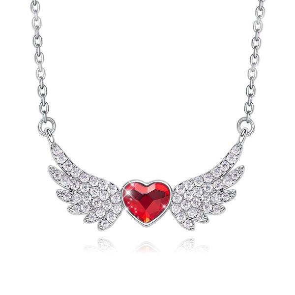 Heart Shaped Angel Wings Necklace in 14K white gold plating with red Elements stones, featuring a delicate heart-shaped pendant and link chain.