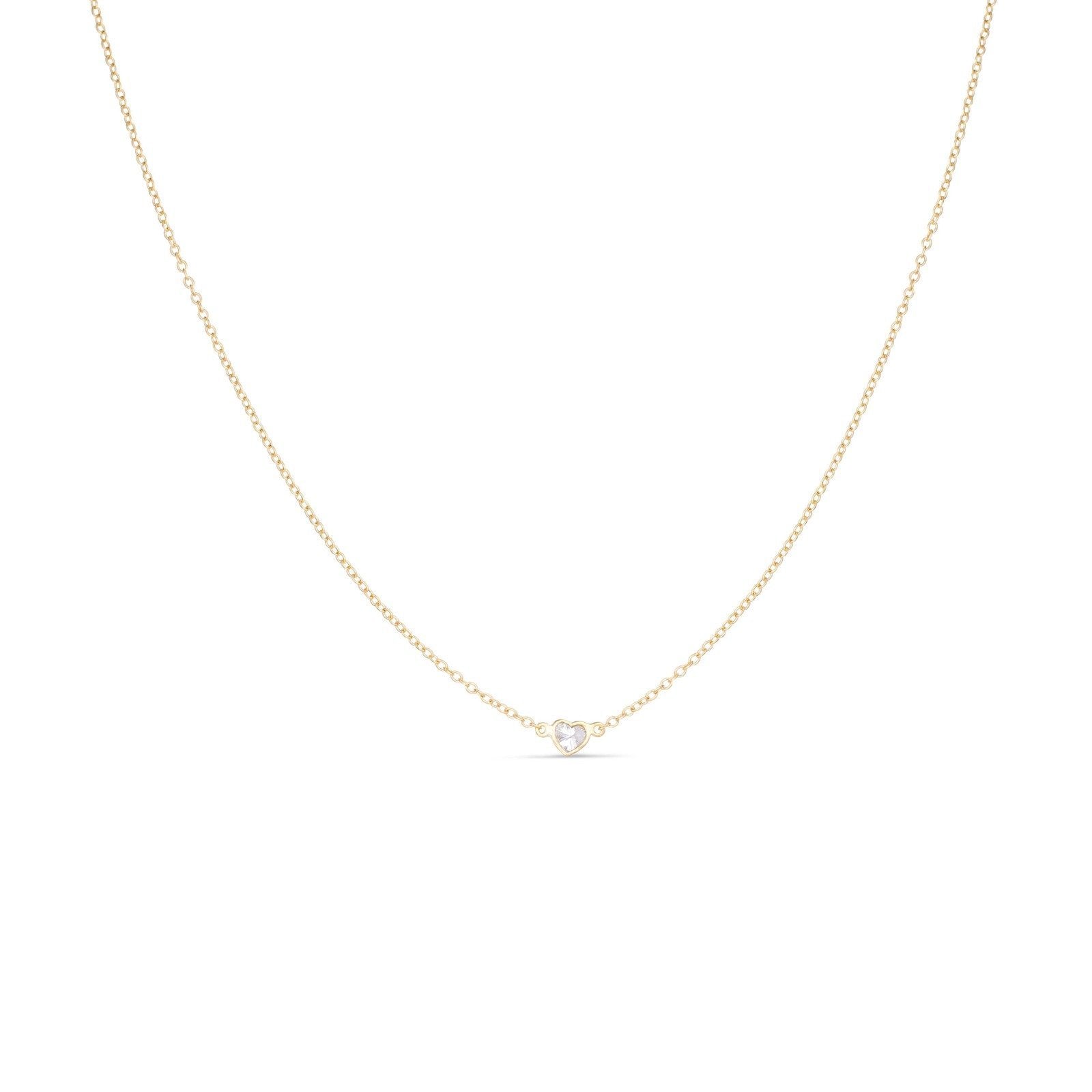 Elegant heart shaped diamond solitaire necklace in 14k gold, featuring a brilliant heart-cut diamond on a delicate cable chain.