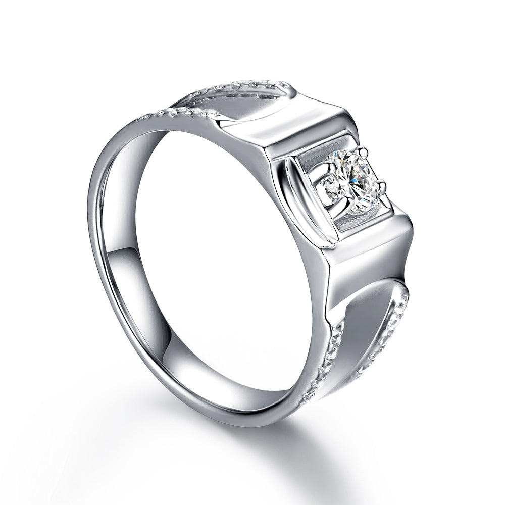 Heavy Solid Sterling Silver Men's Ring featuring real white gold surface and white sapphire stone, showcasing elegance and durability.