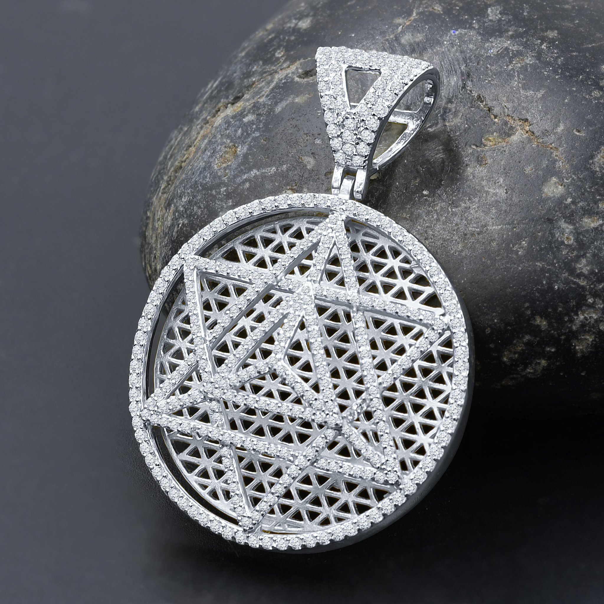 HEBRAISM Silver Pendant featuring the Star of David, embellished with sparkling cubic zircon stones on a silver background.