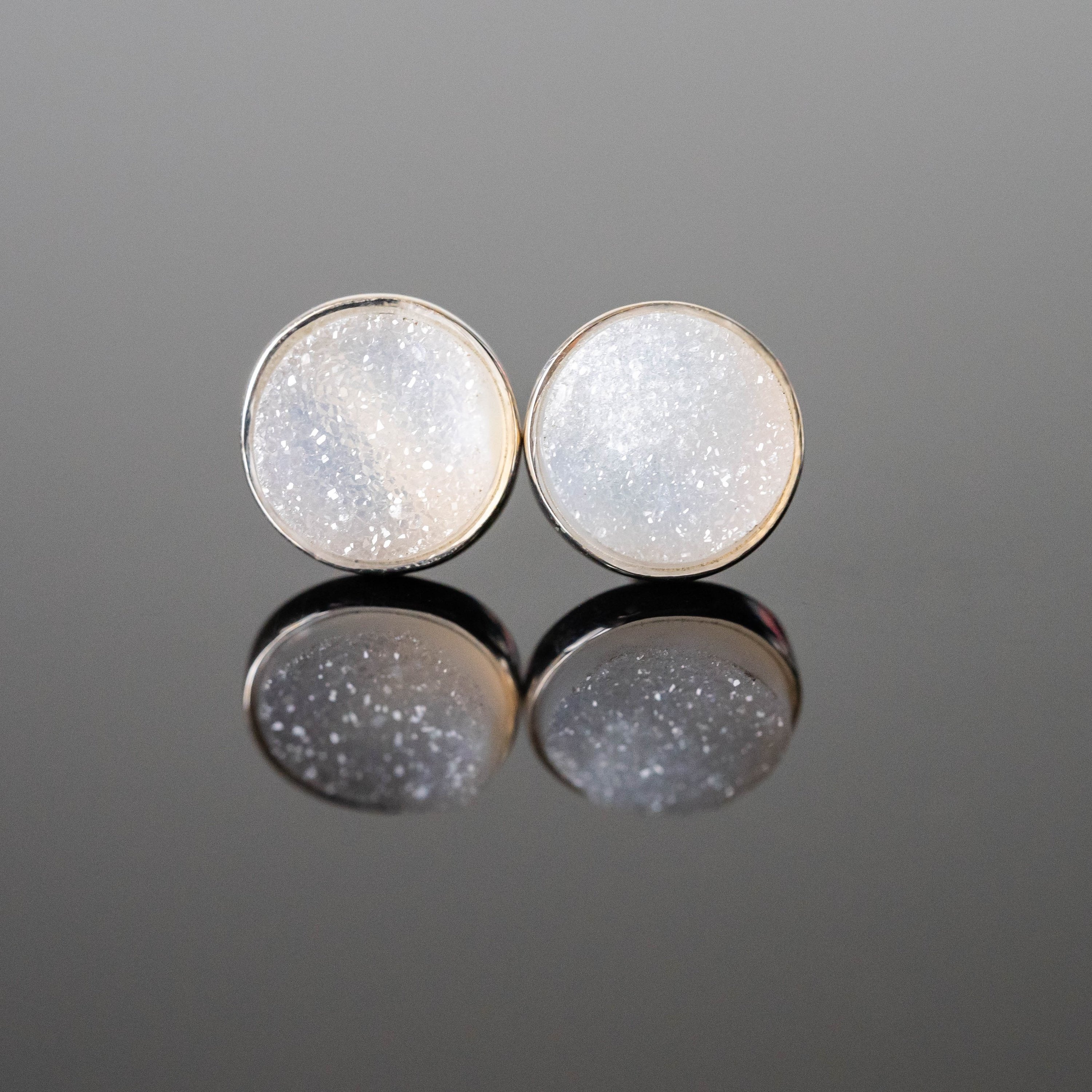 Heidy Druzy Round Studs featuring white druzy stones set in 925 sterling silver with a rhodium plating for a shiny finish.