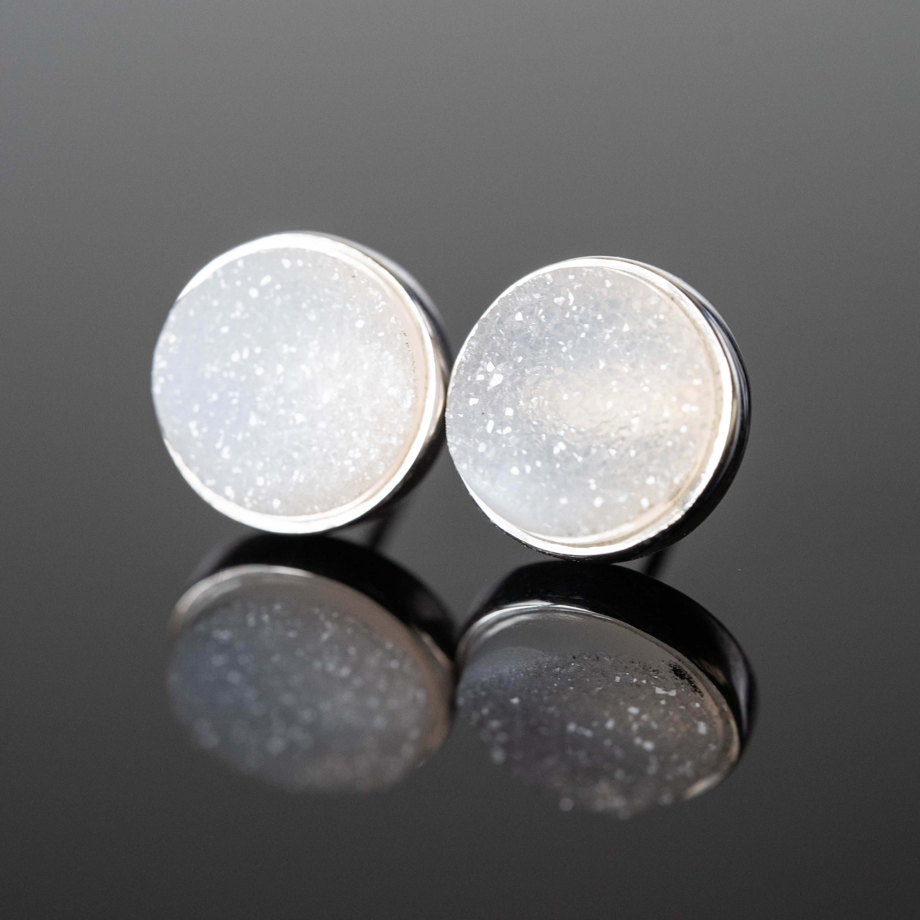 Heidy Druzy Round Studs featuring white druzy stones set in 925 sterling silver with a rhodium plating for a shiny finish.