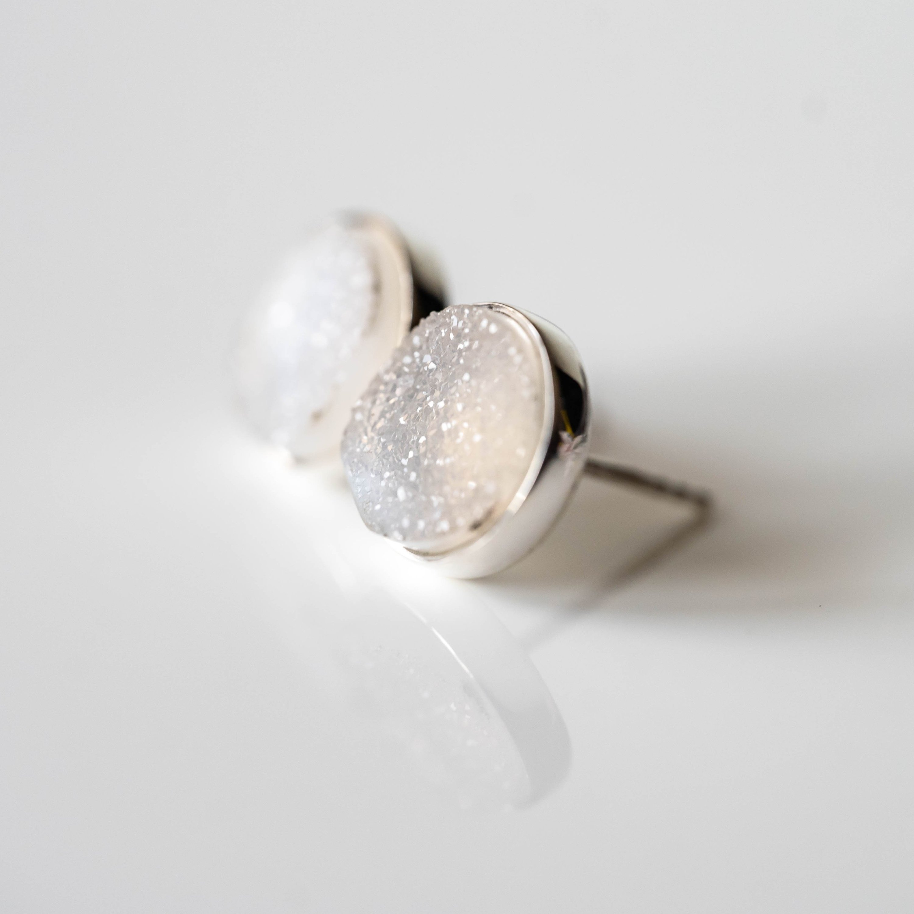 Heidy Druzy Round Studs featuring white druzy stones set in 925 sterling silver with a rhodium plating for a shiny finish.