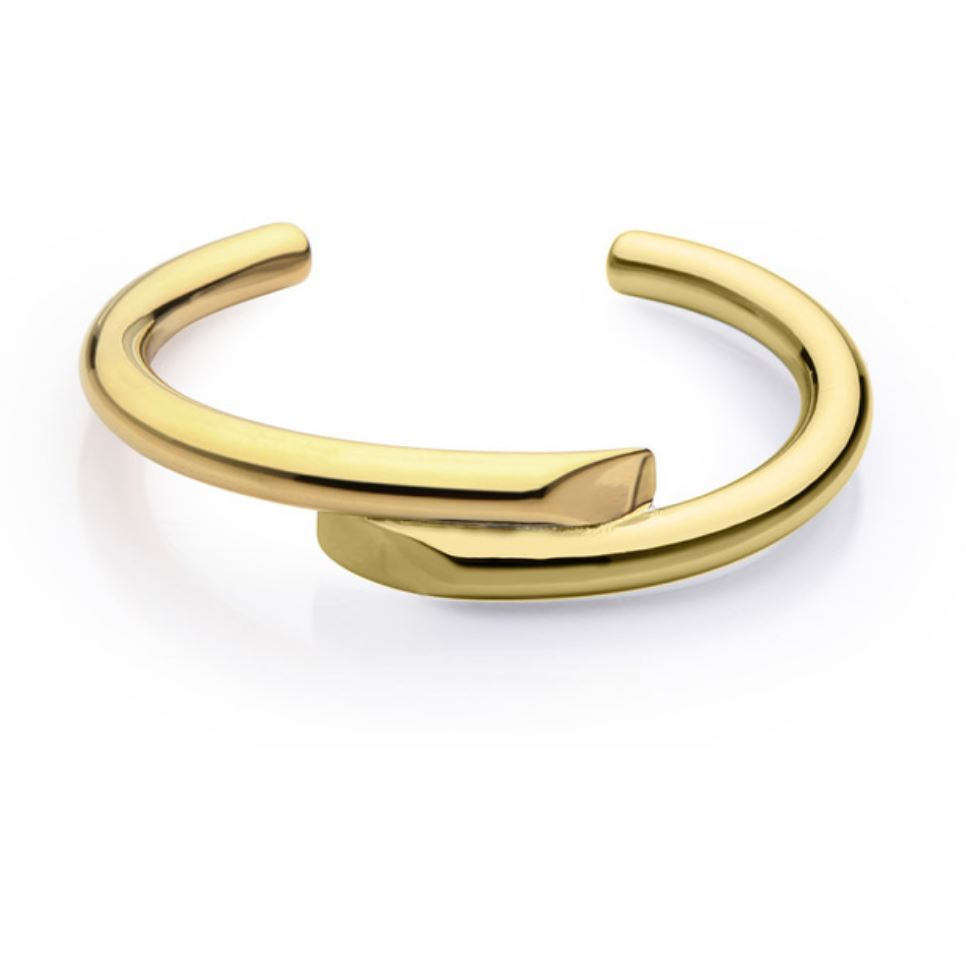 Helen Cuff, a gold-plated stainless steel bracelet, elegantly designed for layering with other bracelets.