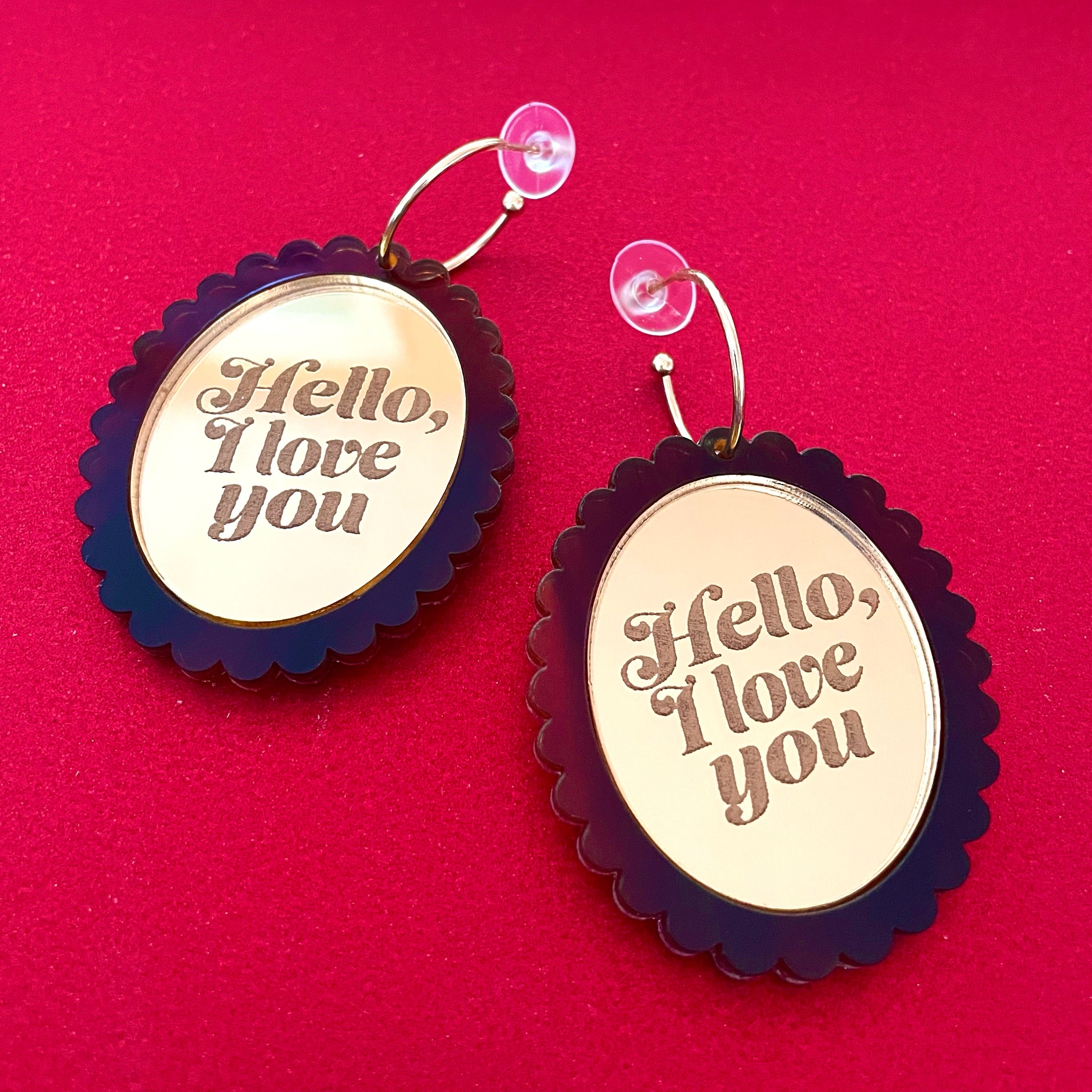 Hello, I Love You Earrings and Brooch featuring tortoise shell and gold mirror acrylic, showcasing a vintage-inspired design.