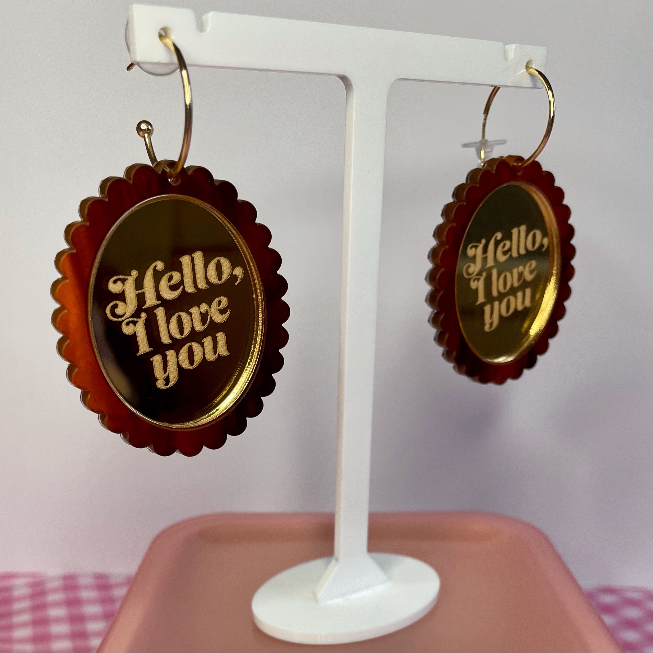 Hello, I Love You Earrings and Brooch featuring tortoise shell and gold mirror acrylic, showcasing a vintage-inspired design.