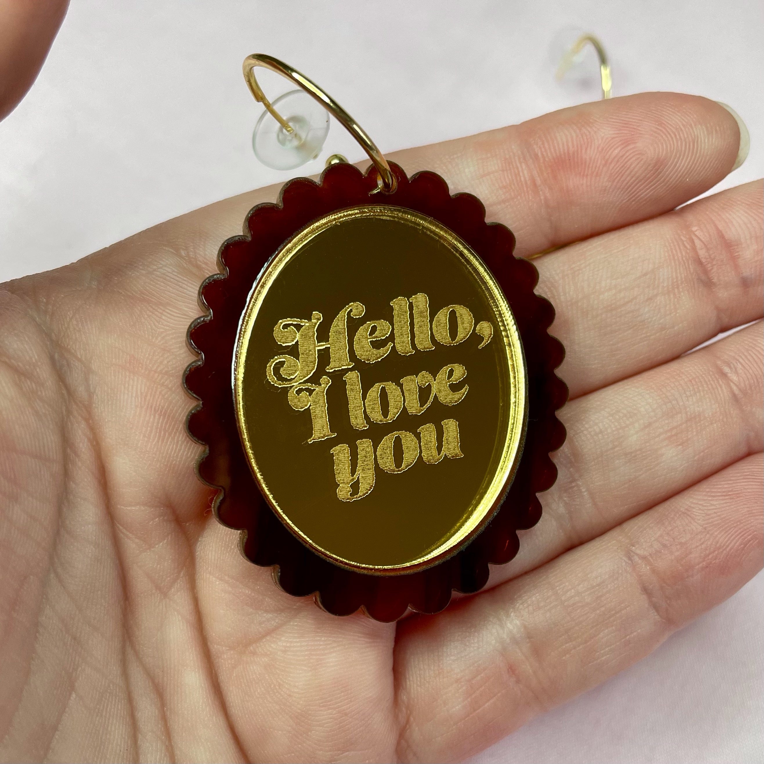 Hello, I Love You Earrings and Brooch featuring tortoise shell and gold mirror acrylic, showcasing a vintage-inspired design.