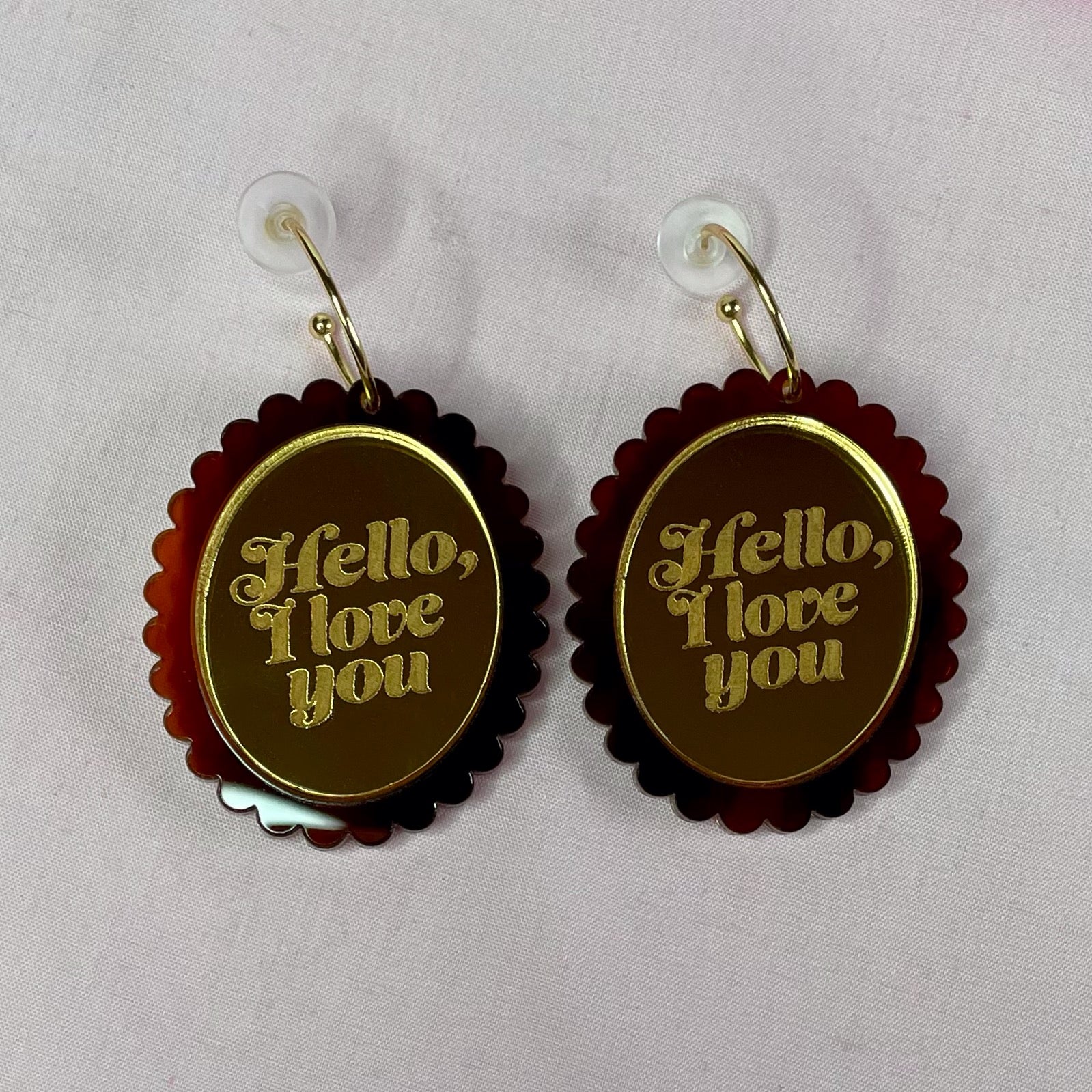 Hello, I Love You Earrings and Brooch featuring tortoise shell and gold mirror acrylic, showcasing a vintage-inspired design.