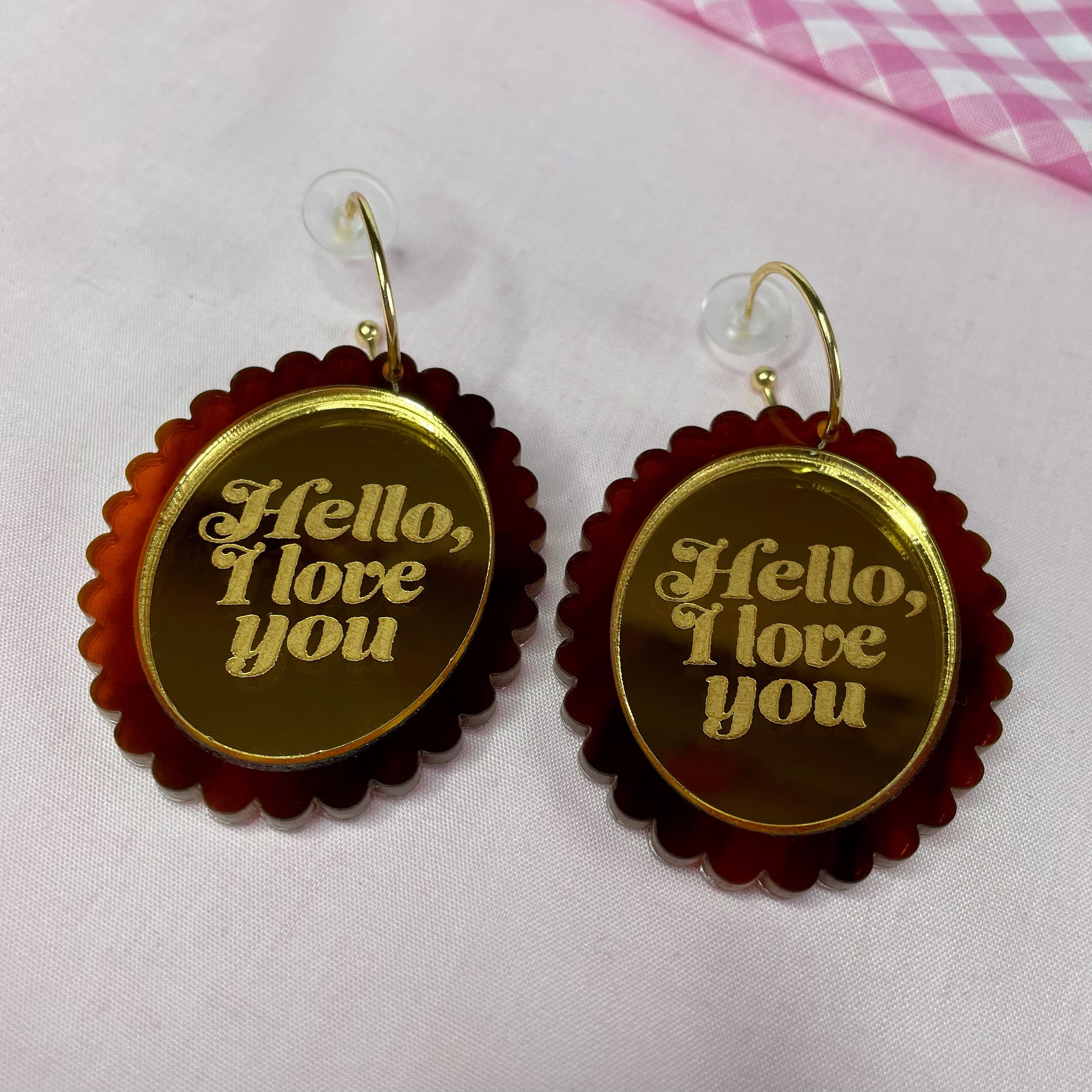 Hello, I Love You Earrings and Brooch featuring tortoise shell and gold mirror acrylic, showcasing a vintage-inspired design.