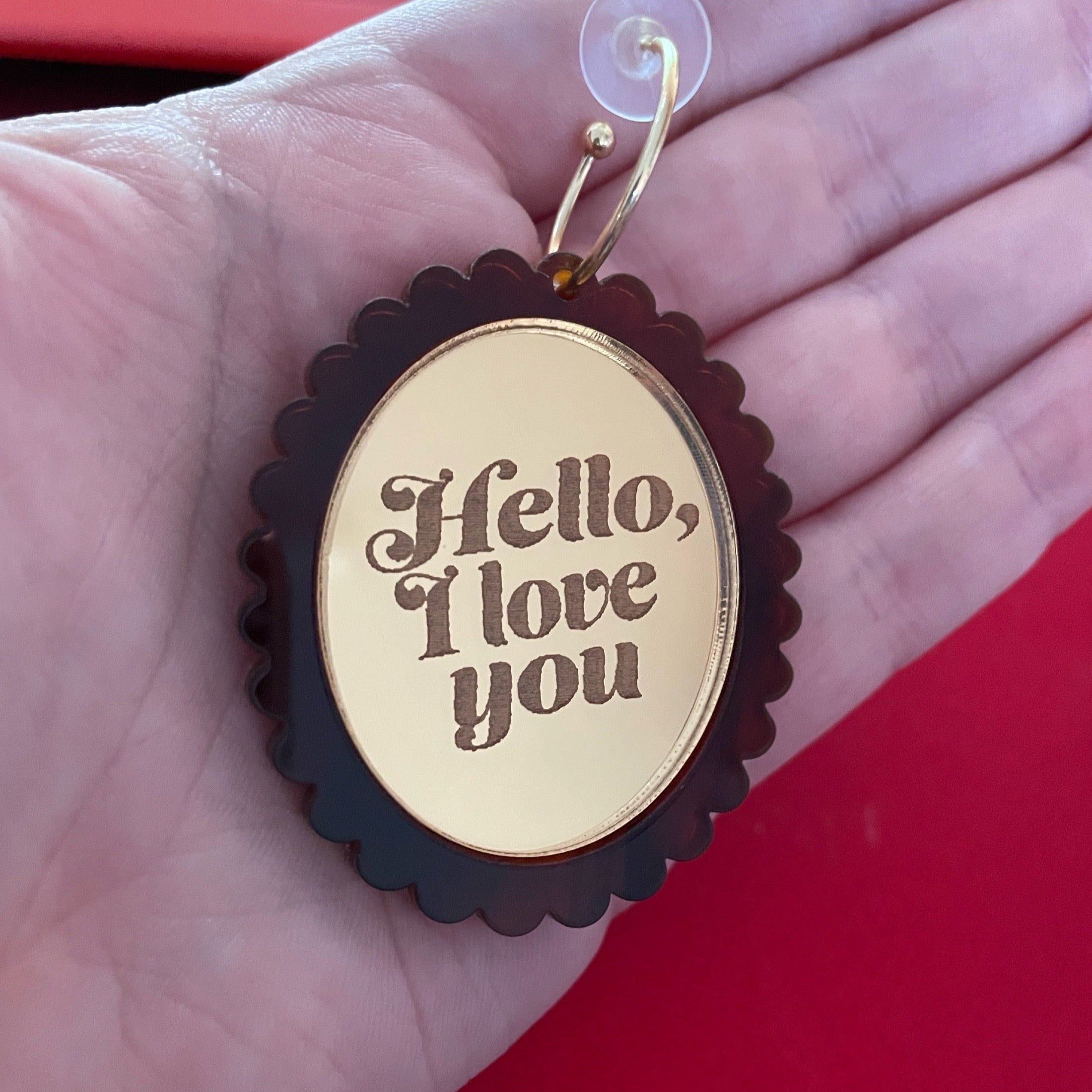 Hello, I Love You Earrings and Brooch featuring tortoise shell and gold mirror acrylic, showcasing a vintage-inspired design.