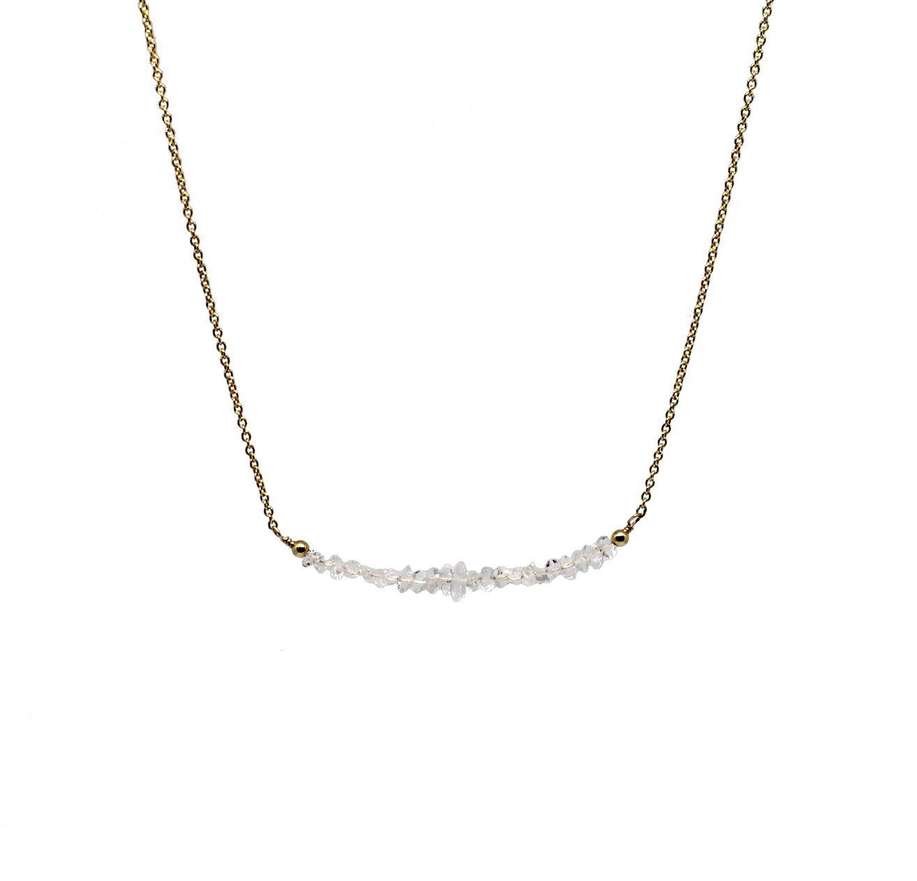 Herkimer Quartz 'Diamond' Bar Necklace featuring sparkling double-terminated crystals on a gold-filled chain.