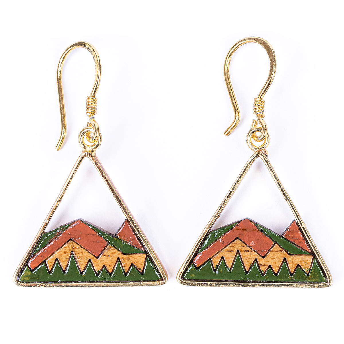 A pair of Hill Eco-friendly Recycled Wood Gold Earrings, showcasing unique wood patterns and 24K gold plating, elegantly displayed in a luxury gift box.