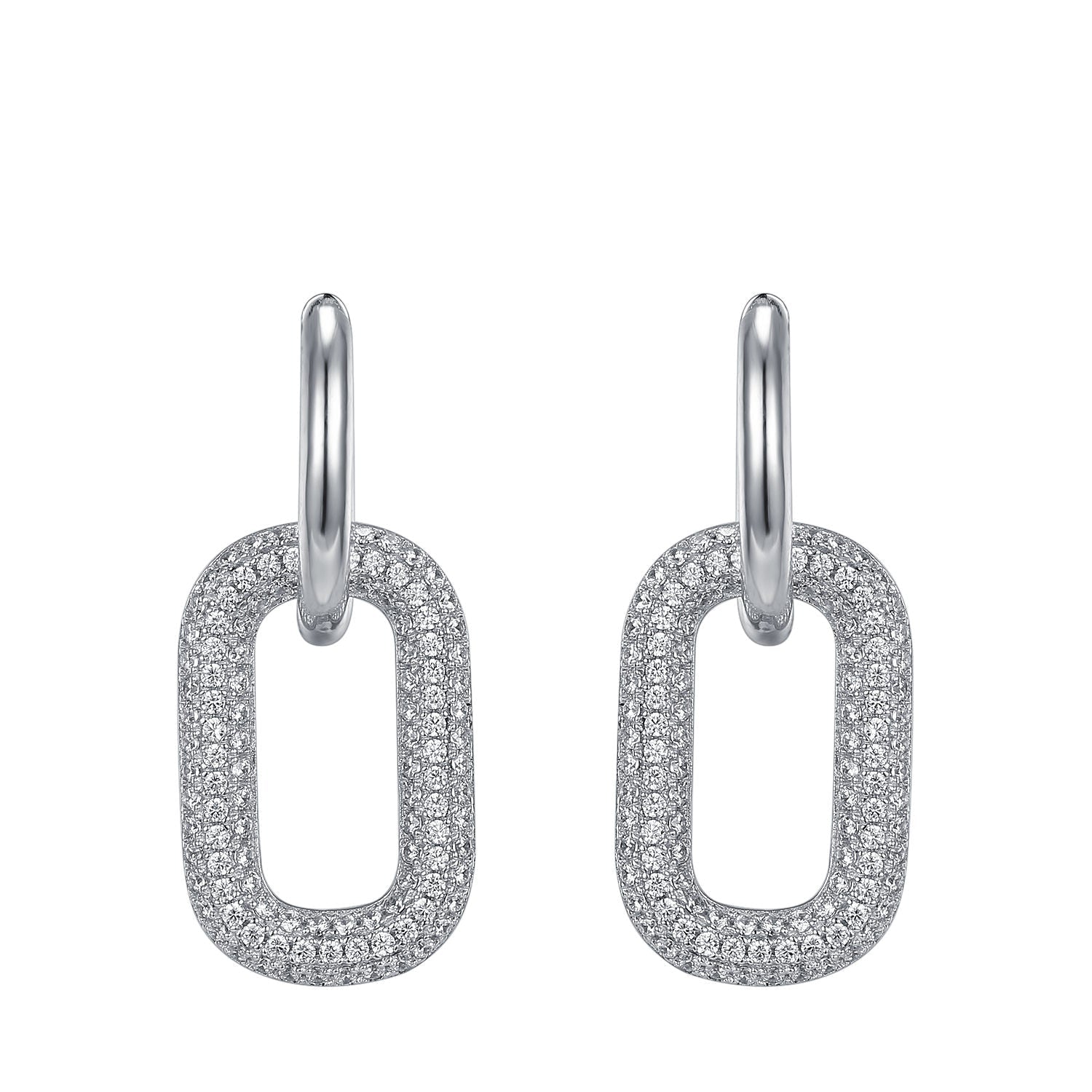 Hip hop Cuban chain link huggie hoop earrings made of 925 sterling silver with a white gold finish and adorned with white sapphire stones.