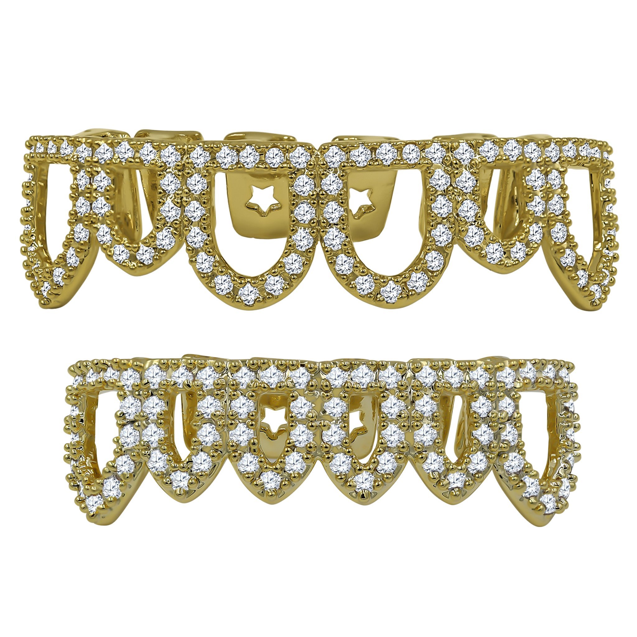 Stylish Hip Hop CZ Grillz in silver and gold colors, featuring sparkling cubic zirconia stones and a sleek design.