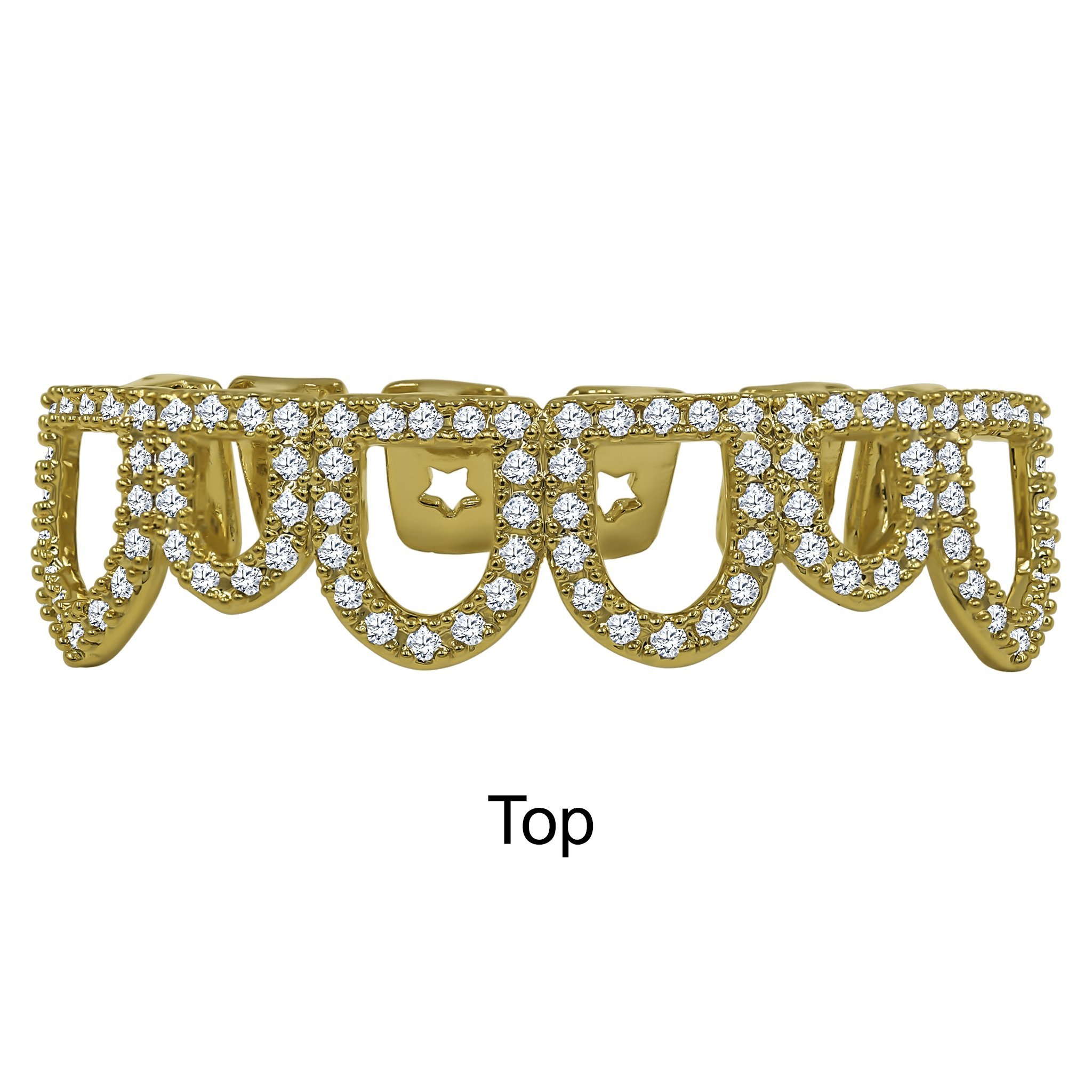 Stylish Hip Hop CZ Grillz in silver and gold colors, featuring sparkling cubic zirconia stones and a sleek design.