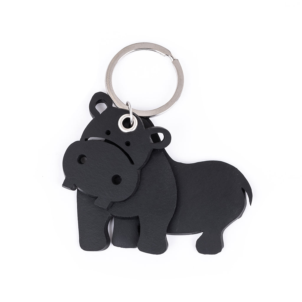 A colorful 3D hippo keyring made from recycled rubber, showcasing its unique design and eco-friendly craftsmanship.