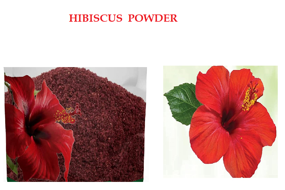 A vibrant red powder made from hibiscus flowers, showcasing its fine texture and natural color.