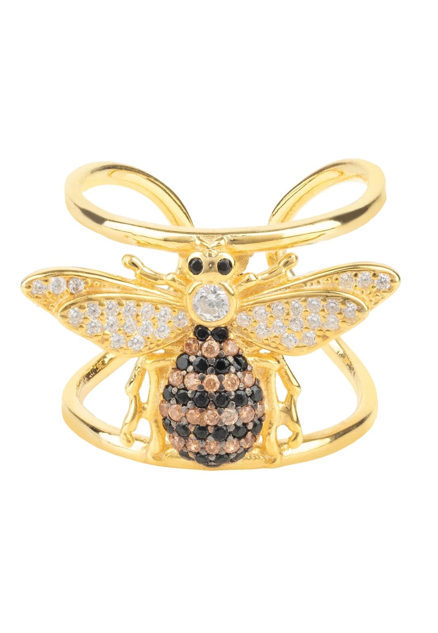 A beautiful adjustable gold cocktail ring featuring a honeybee design, embellished with sparkling black, white, and champagne zircons on double metallic bands.