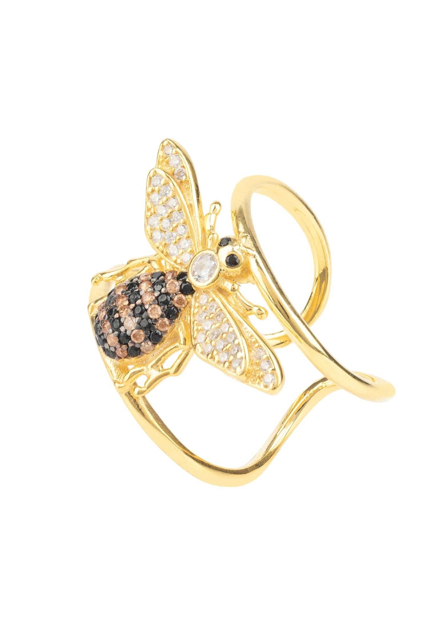 A beautiful adjustable gold cocktail ring featuring a honeybee design, embellished with sparkling black, white, and champagne zircons on double metallic bands.