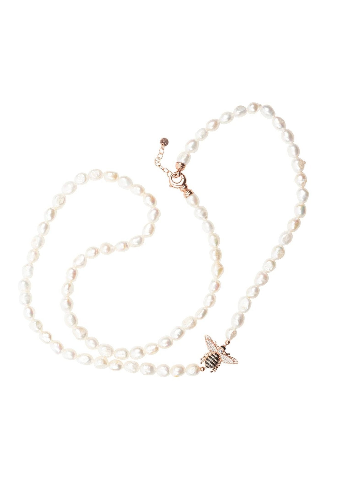 Honey Bee Pearl Gemstone Long Necklace in Rosegold featuring a bee motif and natural pearls, elegantly displayed in a jewellery box.