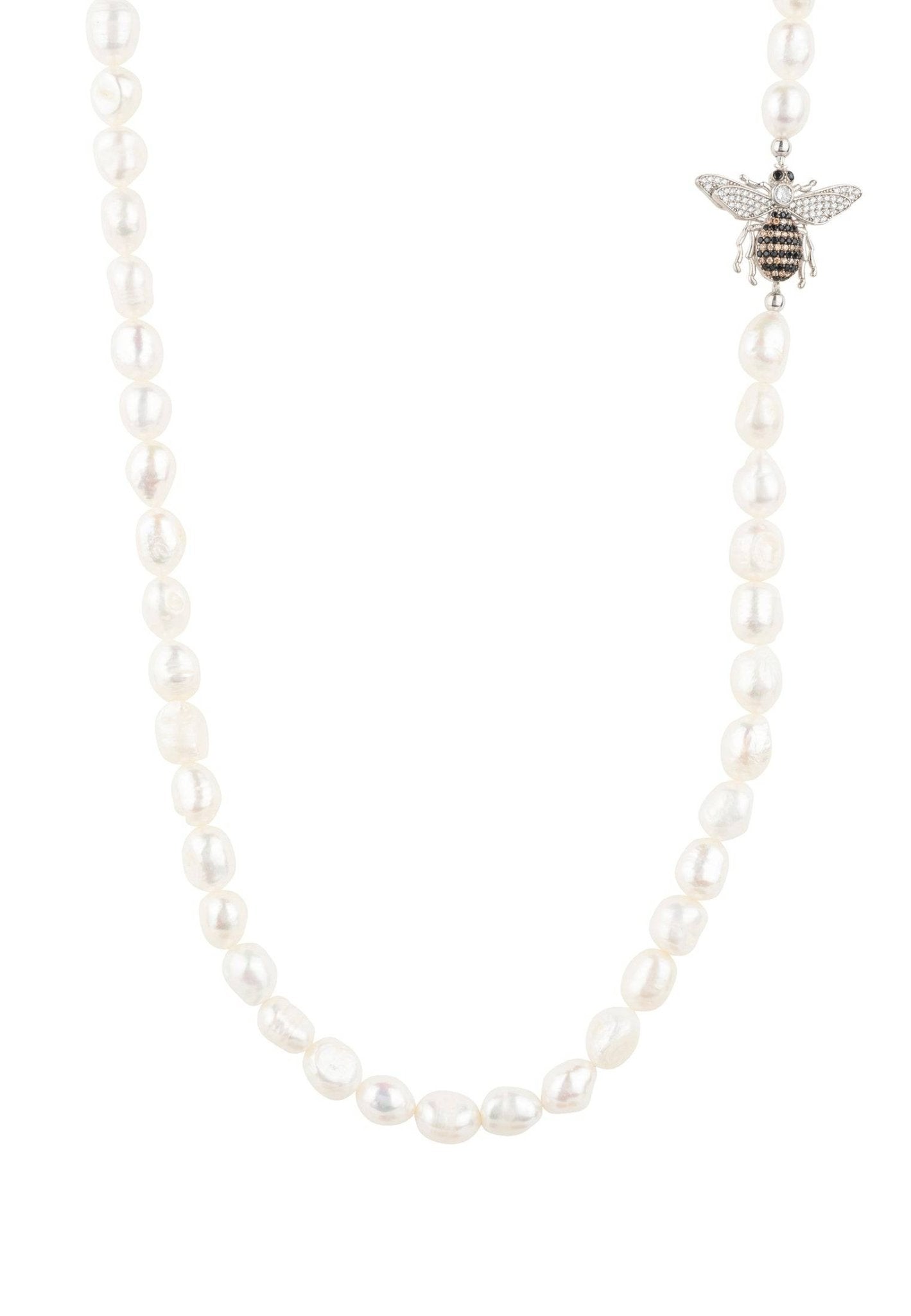 Honey Bee Pearl Gemstone Long Necklace in silver featuring a pearl and zirconia bee motif, elegantly displayed in a jewelry box.