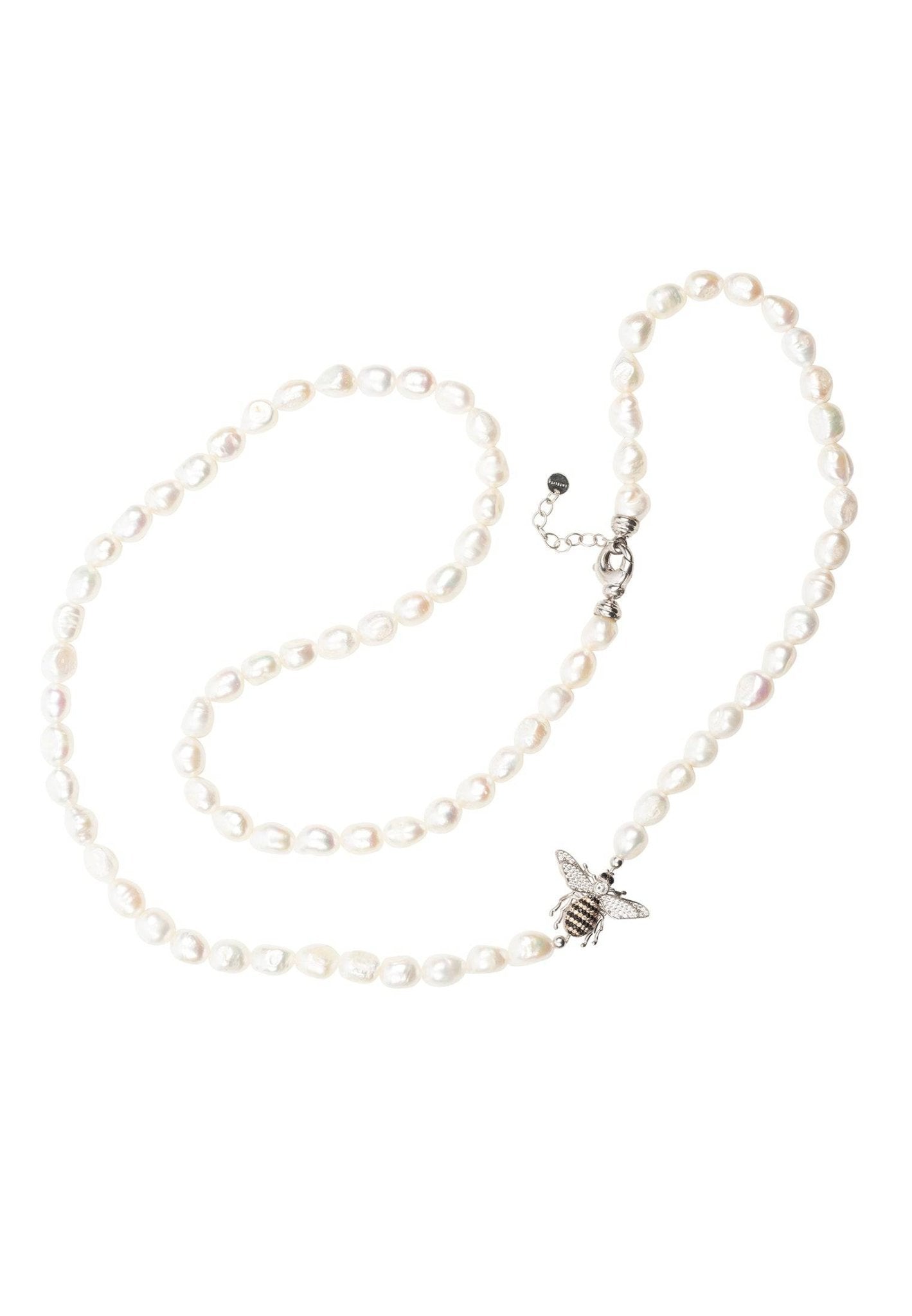 Honey Bee Pearl Gemstone Long Necklace in silver featuring a pearl and zirconia bee motif, elegantly displayed in a jewelry box.