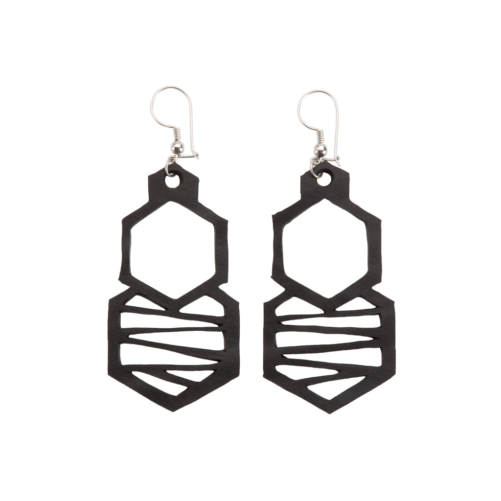 A pair of Honeycomb Handmade Rubber Earrings showcasing a unique lattice design, crafted from reclaimed tyre inner tubes with sterling silver hooks.