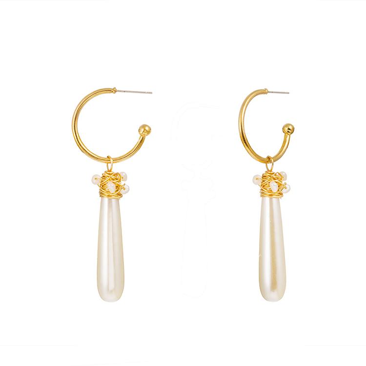 Elegant hoop dangle earrings featuring faux pearl accents, 14k gold plated, designed for comfort and style.