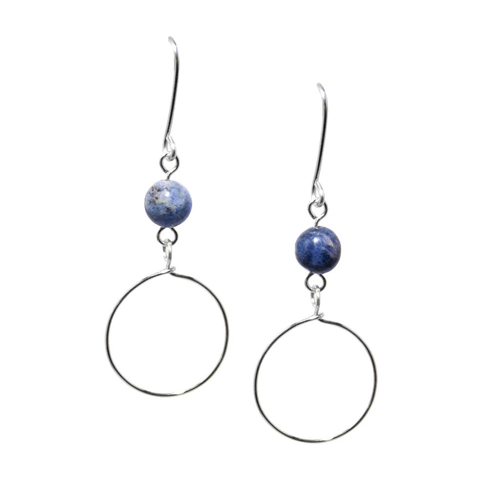 Elegant Hoop on the Sodalite Drop Earrings featuring natural sodalite stones and silver-plated copper hoops, handcrafted in the USA.